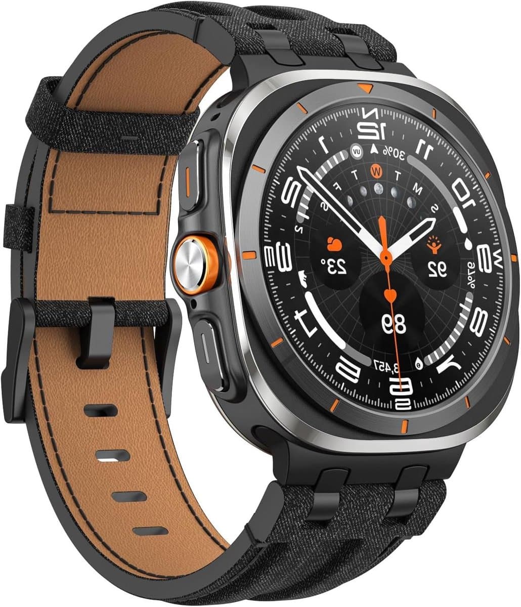 Genuine Leather Vervangband voor Samsung Galaxy Watch Ultra 47mm met Metalen Connector, Zwart en Denim Zwart, Comfortabele en Duurzame Horlogeband voor Mannen