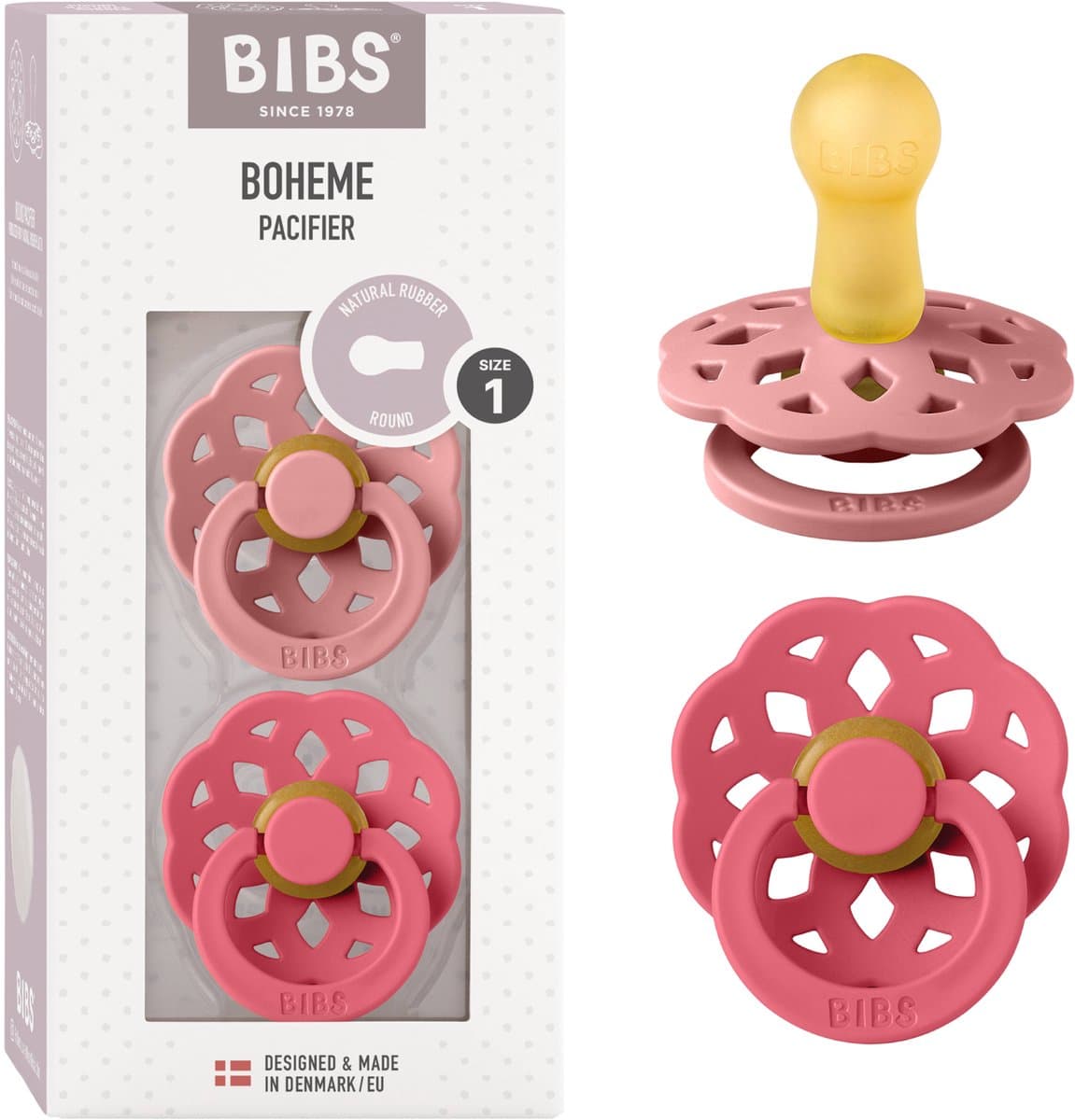 BIBS Boheme Speen verpakking van 2 stuks. BPA-vrij, Ronde speen. Natuurlijk rubberlatex, Gemaakt in Denemarken, Maat 1 (0-6 maanden), Dusty Pink / Coral