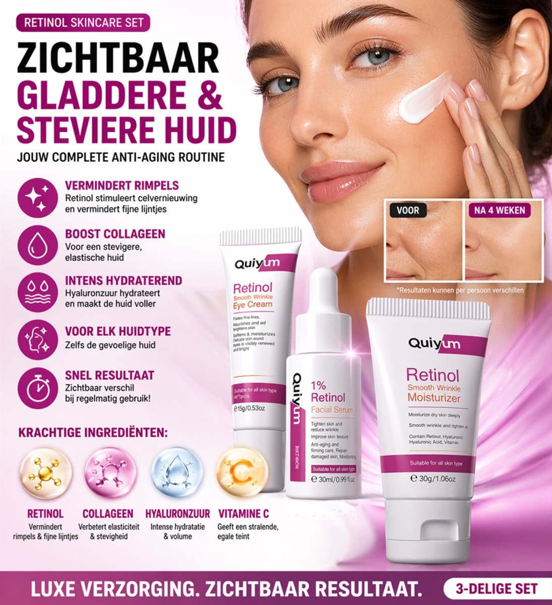 Complete Anti Rimpel Set – Retinol Serum + Oogcrème + Dagcrème – Voor Gladdere & Strakkere Huid - Korean Skincare - Face lifting
