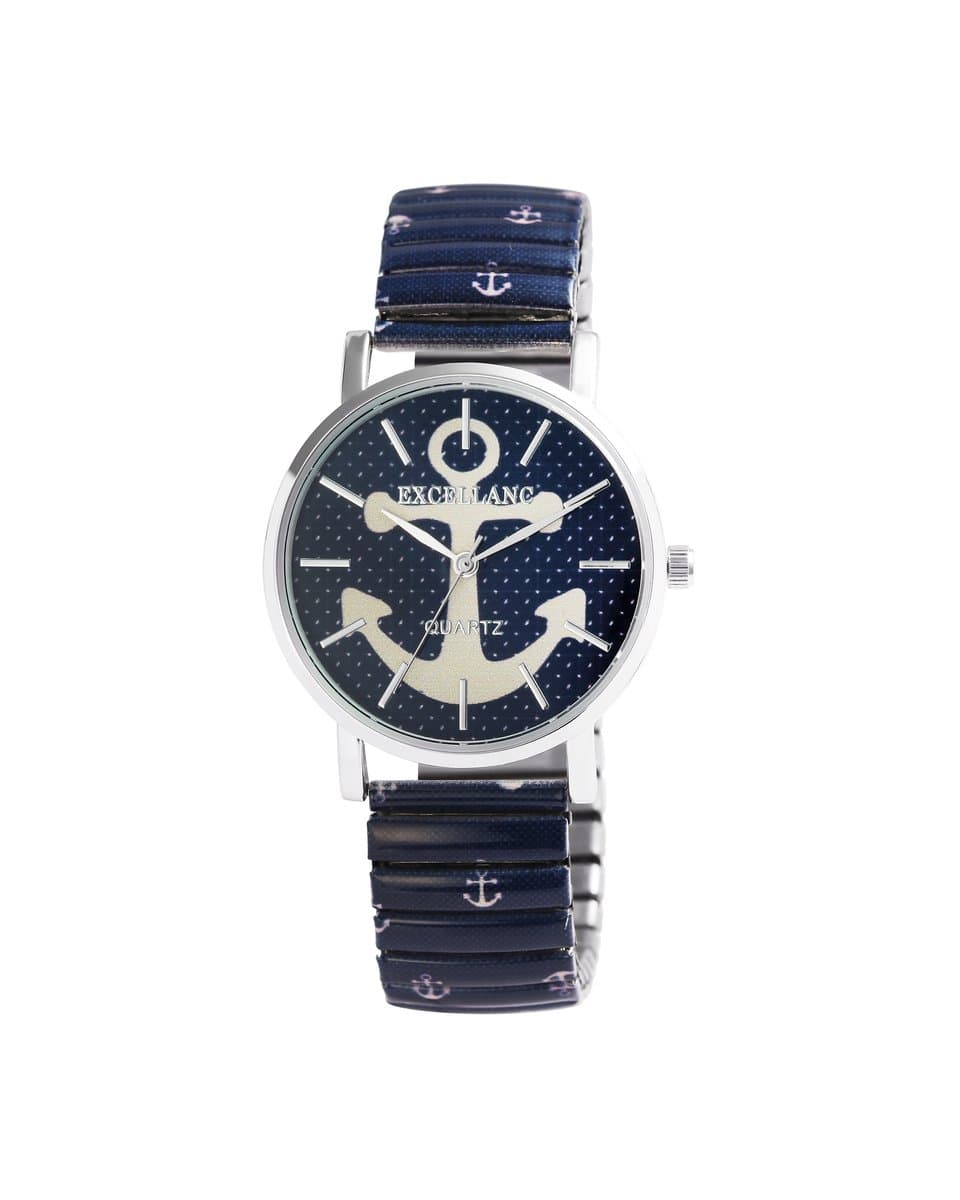 EXCELLANC- dameshorloge-rekband-rekbare band-blauw-creme-Marine-anker-model 1700060-006