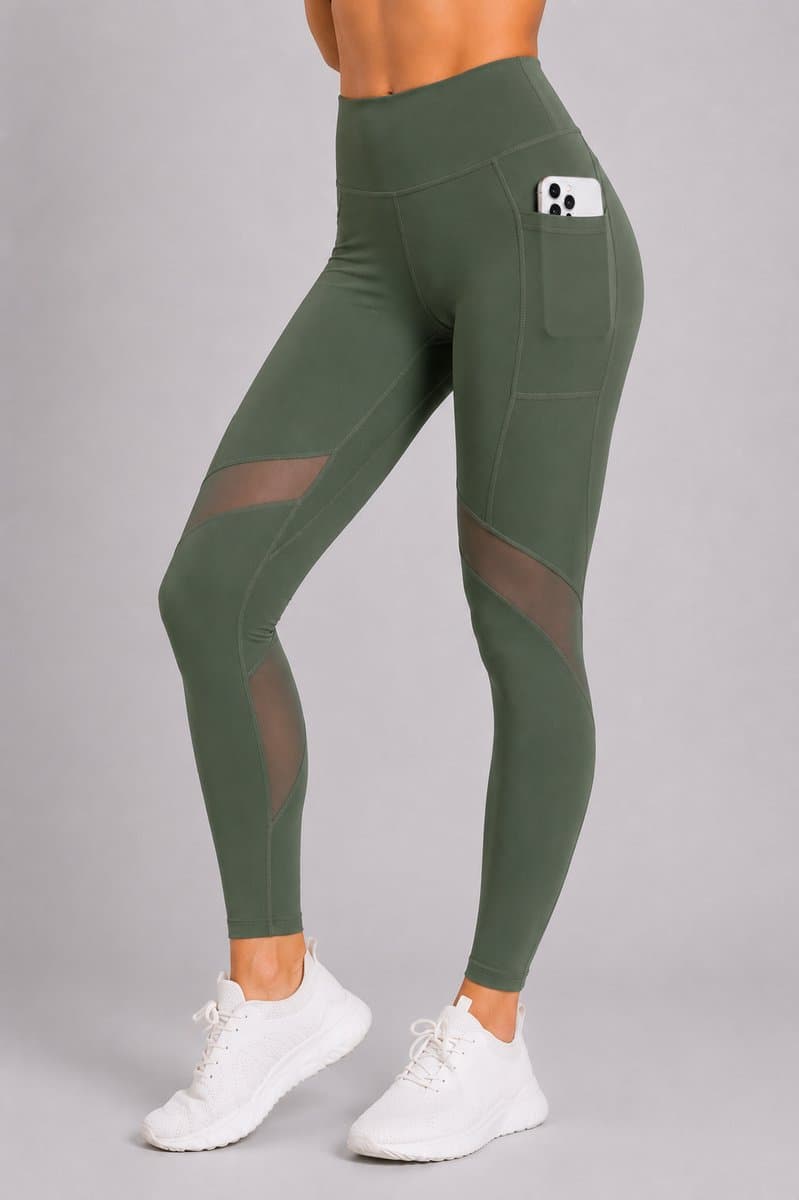 SparkNine Meshmotion sportlegging - dames - met zakken - S - groen - stijlvolle mesh panelen - telefoonzakken - elastisch - squatproof