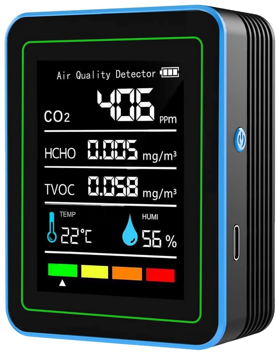 Luchtkwaliteitsmonitor - Binnenluchtmeter - Gezonde Lucht - 5-in-1 Sensor - 9x7x3.5 cm - Zwart