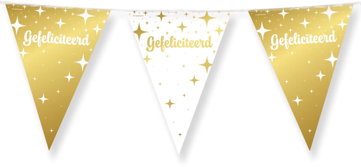 10 meter vlaggenlijn Wit/Goud folie - Gefeliciteerd - 12 vlaggen - 30 cm - Dubbelzijdig gedrukt - Glimmende folie