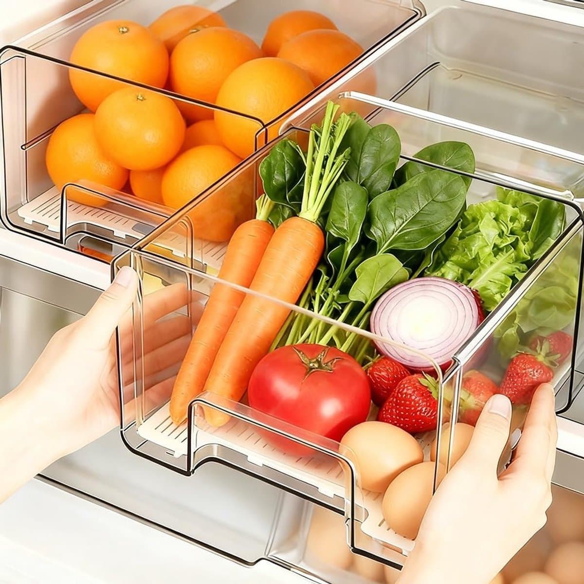 Uitbreidbare en Stapelbare Koelkast Organizer Lade voor Voedselopslag, Transparante Container voor Keuken, Koelkast en Voorraadkast, 1 Stuk, Ideaal voor Vlees en Groenten