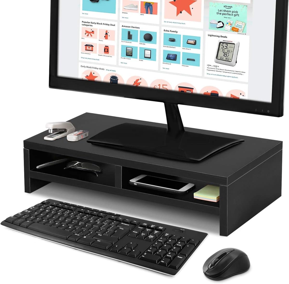 Houten Monitor Stand - Draagbare Monitor Stand met 2 Lades - Verhoger Monitor Stand voor PC Computer - Zwart 50 x 20 x 11.7cm