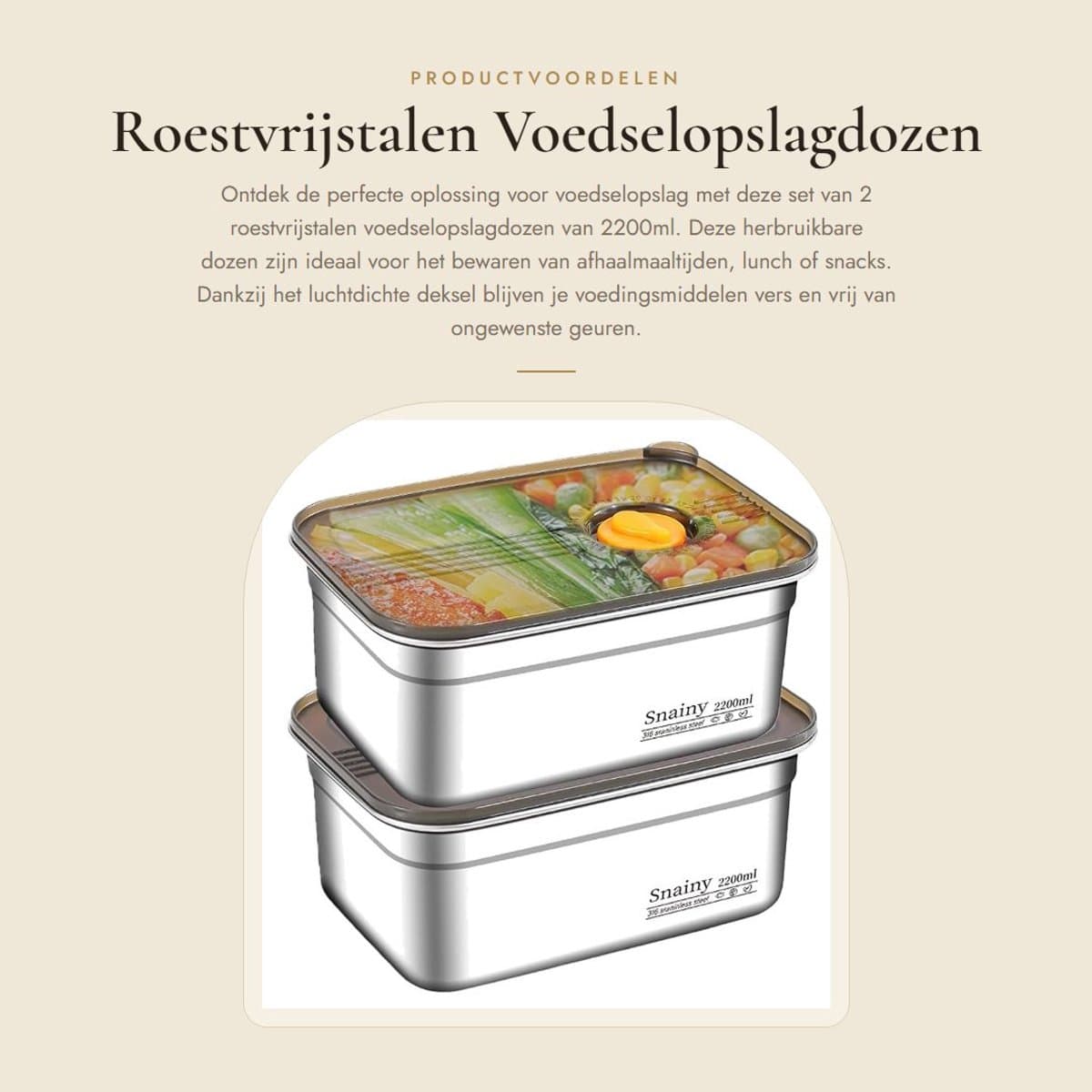 Dailygoods- Opbergdozen 2200ml - Roestvrij Staal - Luchtdicht - Herbruikbaar - Keuken/Diepvries - Stapelbaar - Antibacterieel - Voedselcontainer
