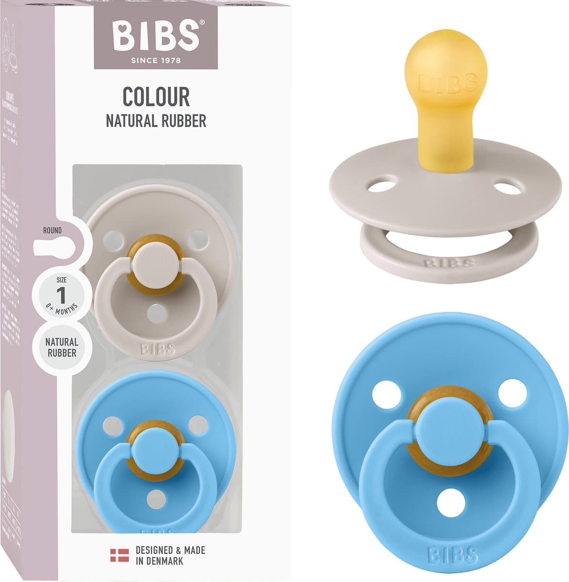 BIBS Colour Speen verpakking van 2 stuks. BPA-vrij, Ronde speen. Natuurlijk rubberlatex, Gemaakt in Denemarken, Maat 1 (0-6 maanden), Mushroom / Breeze
