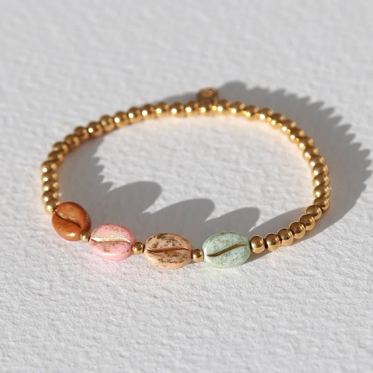 Armband - Koffieboon kralen - Pastel - Dames - Eelastisch - Stainless steel - Zomers