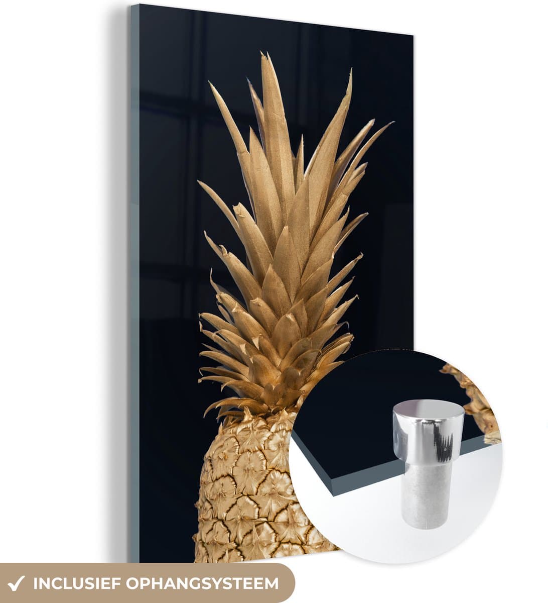 MuchoWow® Glasschilderij 20x30 cm - Schilderij acrylglas - Ananas - Goud - Verf - Zwart - Fruit - Luxe - Foto op glas - Schilderijen