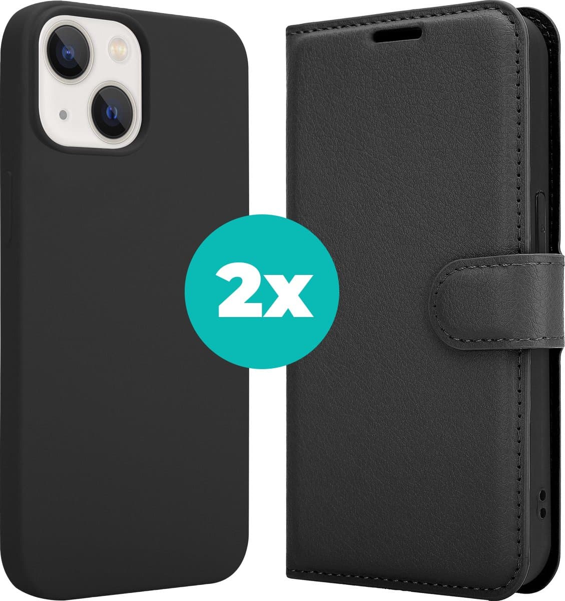 Hoesje geschikt voor iPhone 14 hoesje case - Bundel van 2 Hoesje geschikt voor iPhone 14 hoesjes - Hoogwaardige Hoesje geschikt voor iPhone 14 Bookcase en Silicone case - Bundel van Zwart en Zwart hoesje