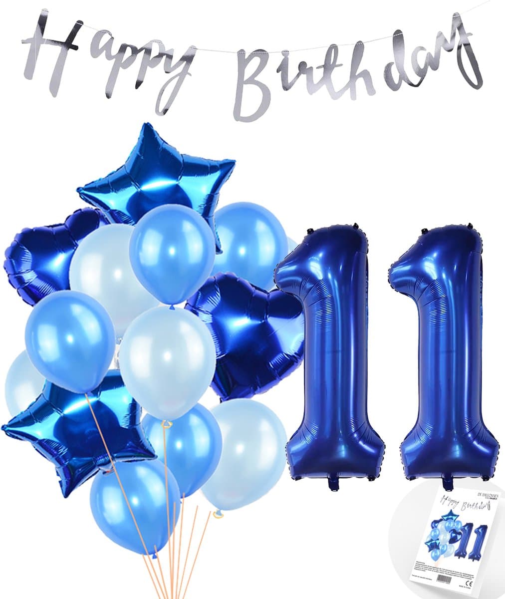 Snoes Ballonnen 11 Jaar Feestpakket – Versiering – Verjaardag Set Mason Blauw Cijferballon 11 Jaar - Heliumballon