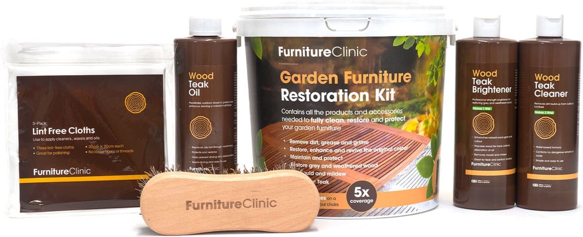 Tuinmeubelen Restauratie Set – Teak Cleaner, Brightener & Teak Olie – Furniture Clinic – Reinigt, Ontgrijst & Beschermt Hout – Compleet Onderhoudspakket