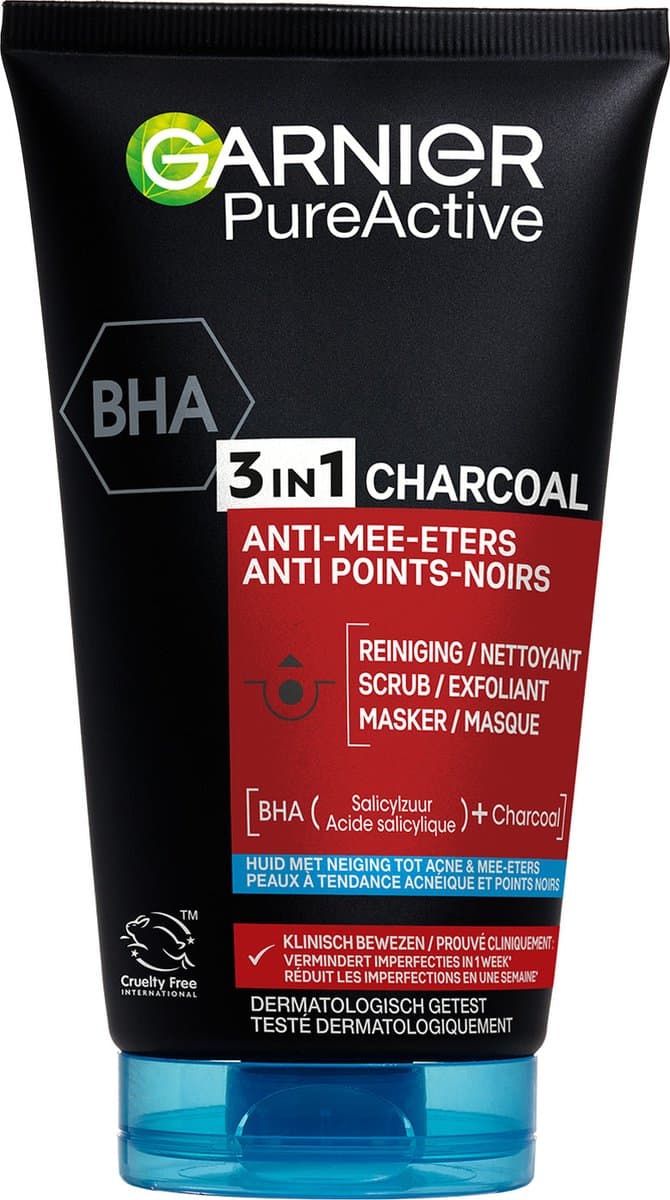 Garnier Pure Active 3in1 Gezichtsreiniger met Charcoal – Houtskool Gezichtsmasker, Gezichtsscrub én gezichtsreiniger in een - 150ml