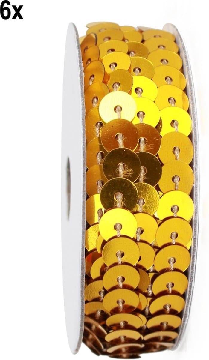 6x Rol pailletten band goud 275cm - Paillet kleding accessoires thema feest glitter and glamour