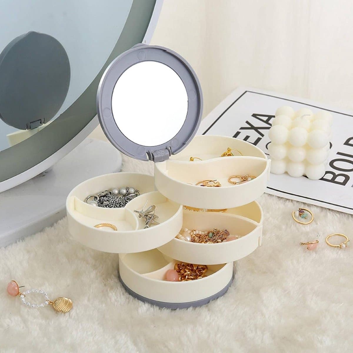 Draaibare Sieraden Organizer Box met Spiegel – Draagbare Opbergdoos Met Meerdere Lagen voor Ringen, Oorbellen, Kettingen – Wit