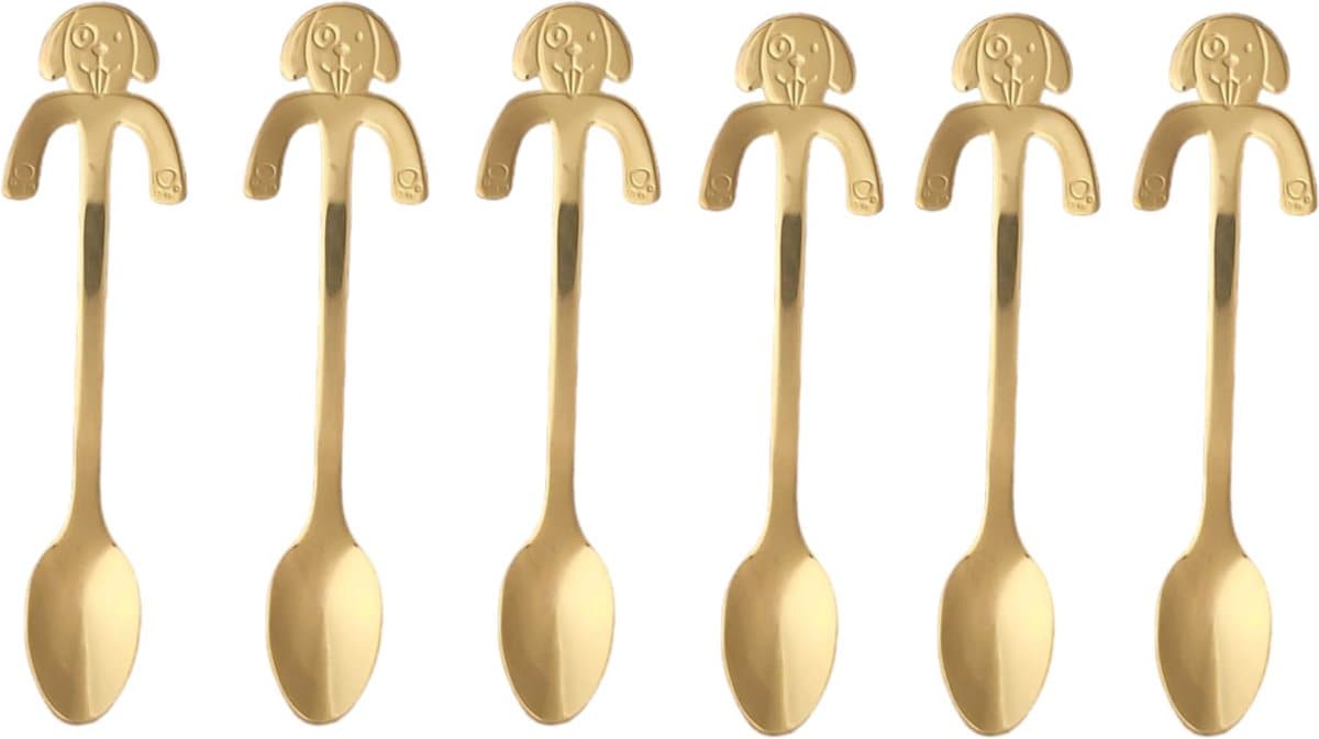 6x Theelepels Hangende hond - Koffielepel - RVS - goudkleurig – oDaani