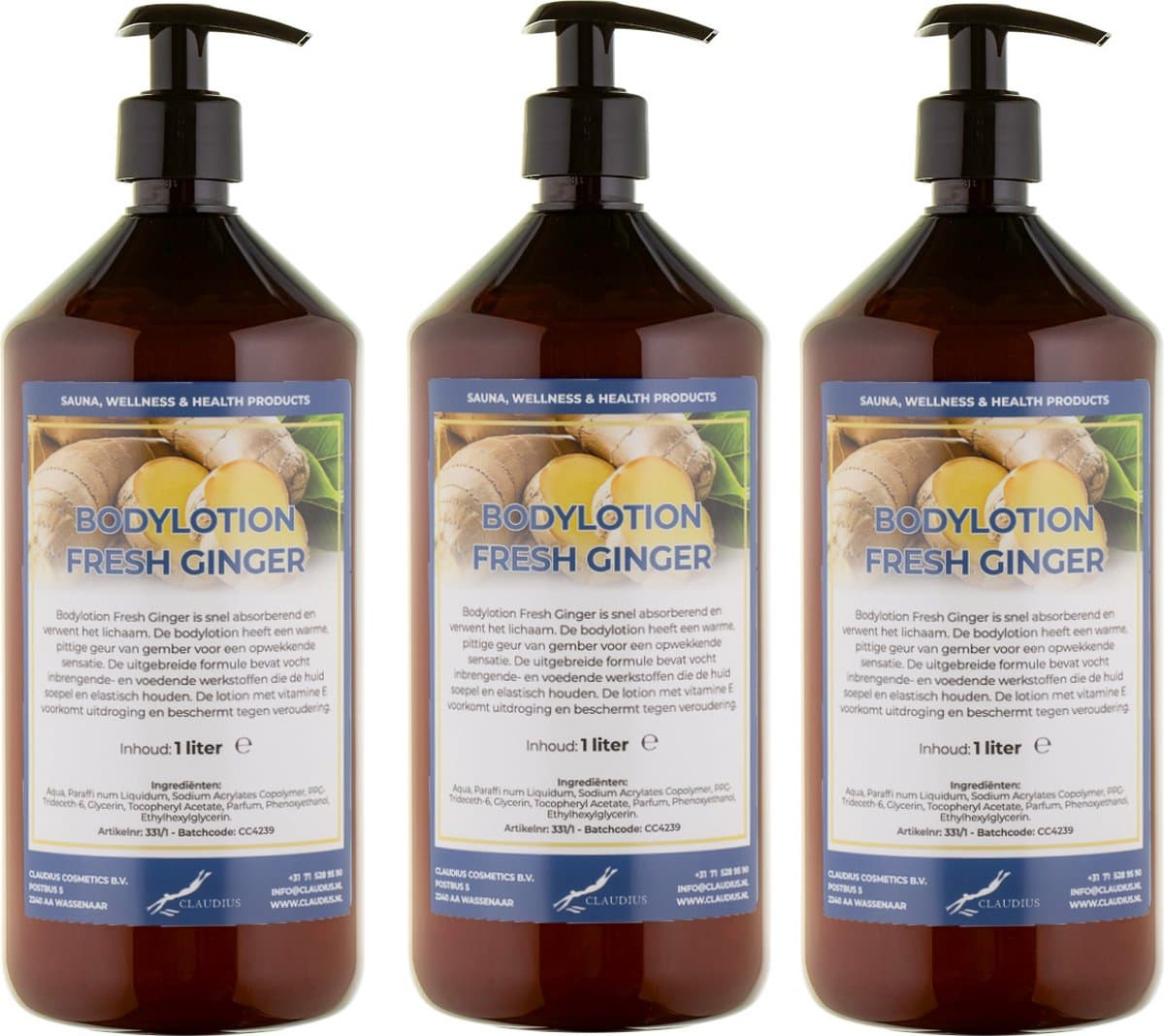 Bodylotion Fresh Ginger 1 Liter - met gratis pomp - set van 3 stuks