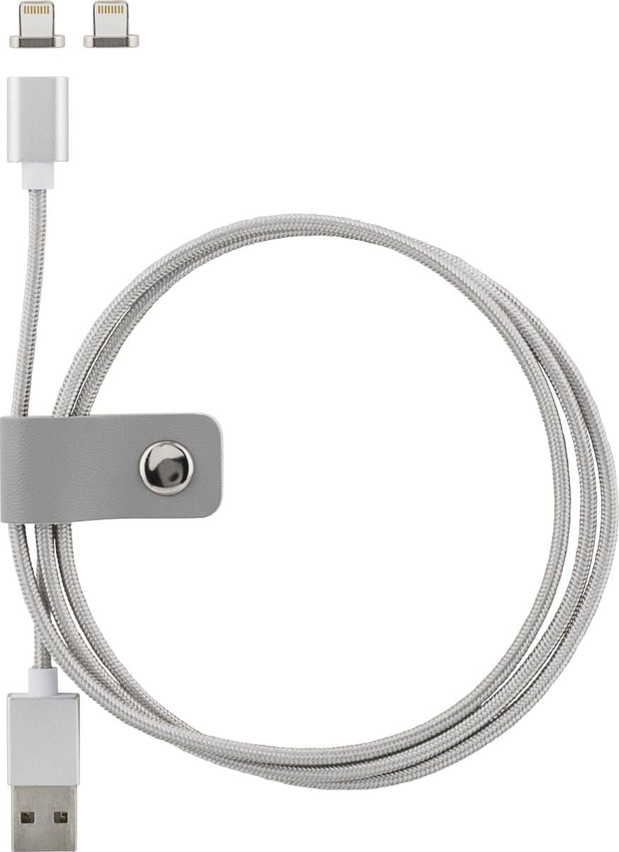 STREETZ EPZI IPLH-581 Magnetische USB-Lightning stoffen Kabel met 2 x Magneet Lightning connector, 1 meter, Sync & charge, Zilver
