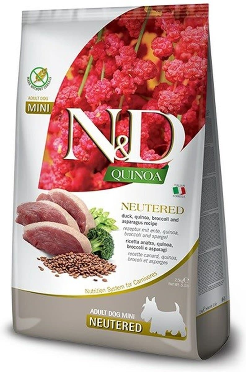 Farmina N&D Quinoa Receptuur (voor gesteriliseerde honden, eend, broccoli en asperges) Volwassen hondenvoer (Mini) 2,5 kg