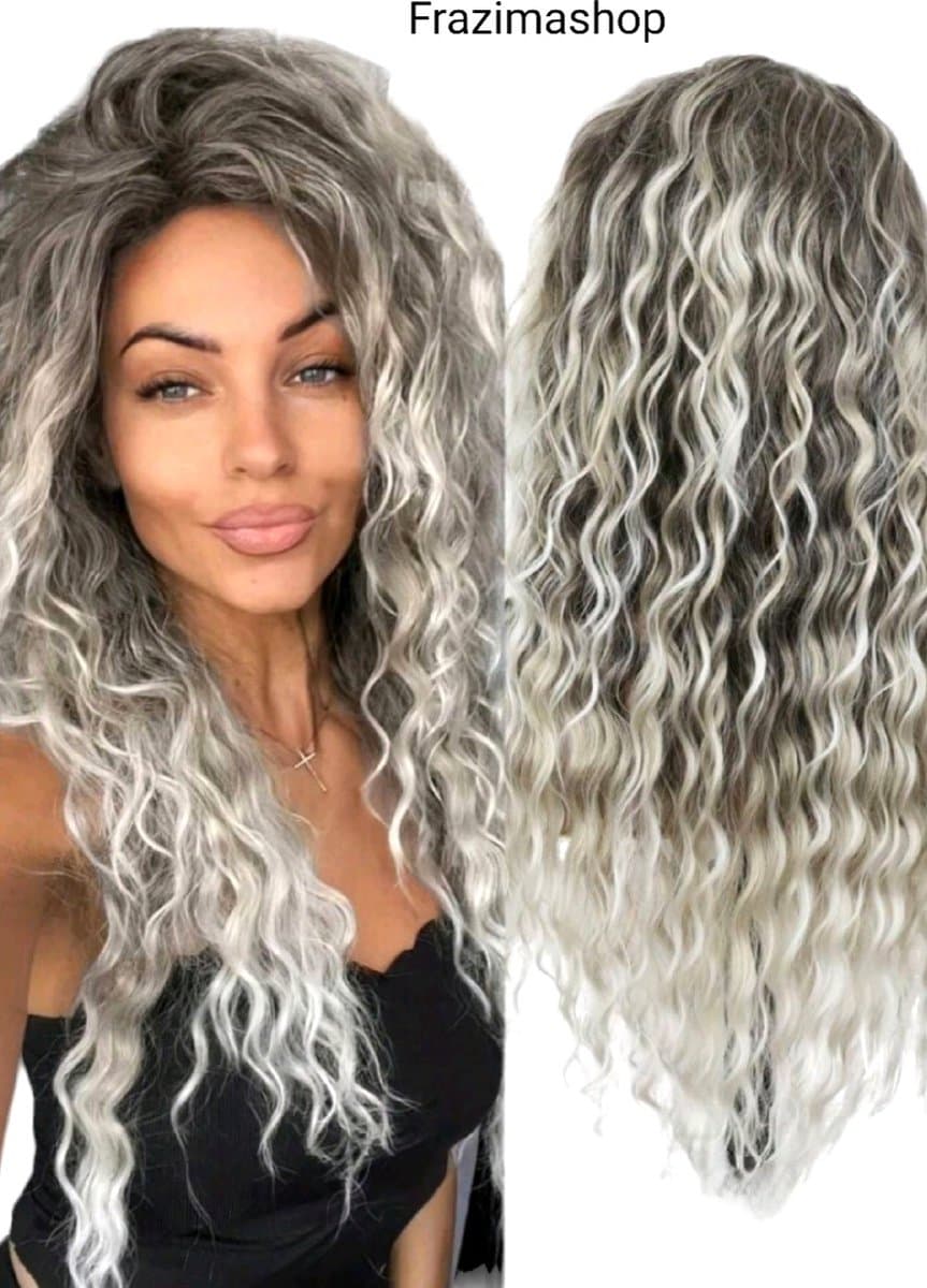 Frazimashop -Luxe lang Krul Dames Pruiken -28 inch 70 cm Hitte Bestending Pruiken - lang Krullen pruik - pruiken voor Vrouwen -Kleur Ombre As blond Bruin