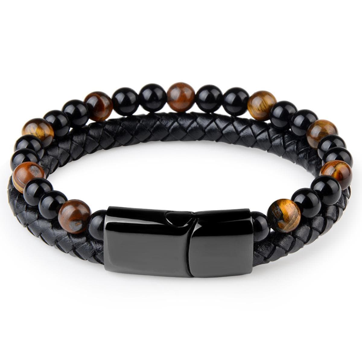 Victorious Leren Natuurstenen Armband Heren – Zwart Leer en Tijgeroog Natuurstenen – Zwart/Bruin – 20.5cm