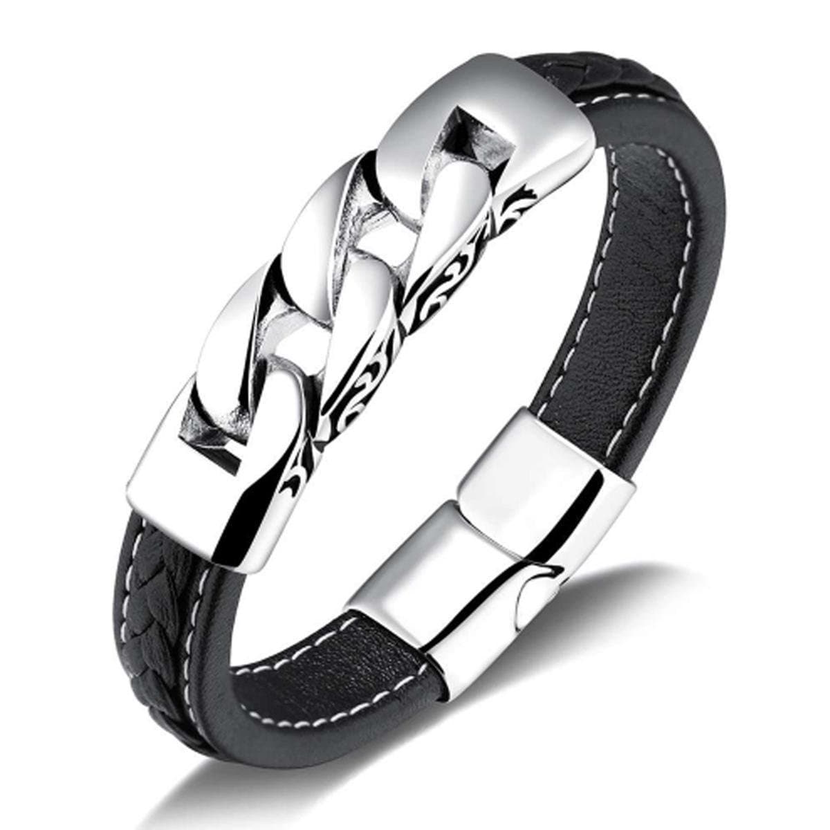 Victorious Leren Armband Heren – RVS Roestvrijstaal Sluiting – Zwart – 19.5cm
