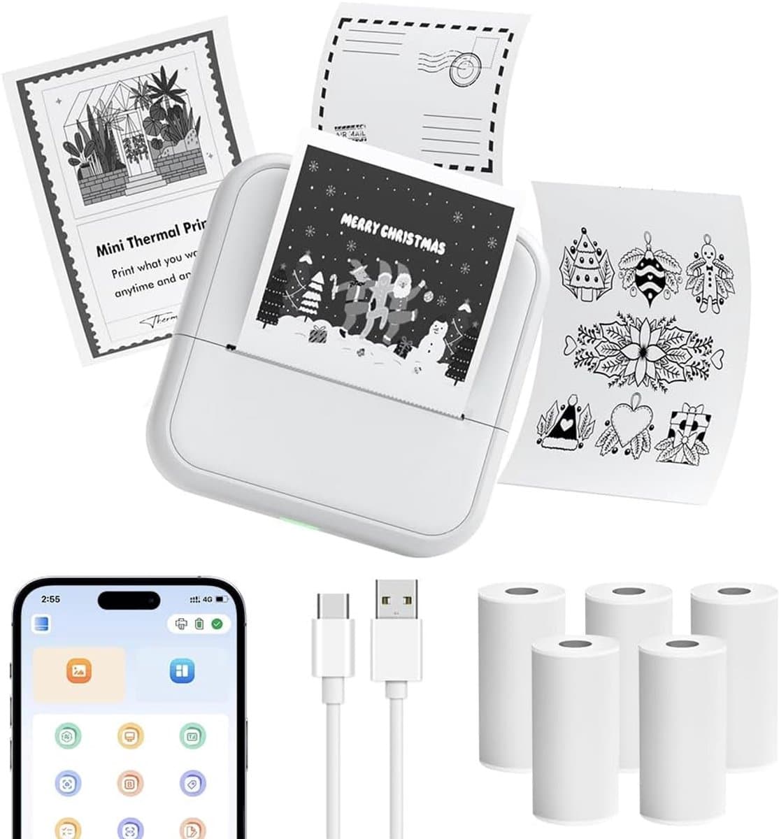 Draagbare Mini Stickerprinter met Bluetooth en 6 Rollen Thermisch Papier