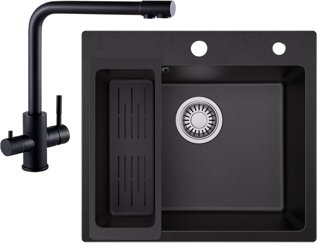 SOFETIY MAX Granieten Spoelbak Zwart / Antraciet (50*45cm) - Spoelbak Keuken Met 3 Wege Keukenkraan - Spoelbakken Keuken – Wasbak Keuken Met Waterafvoersysteem