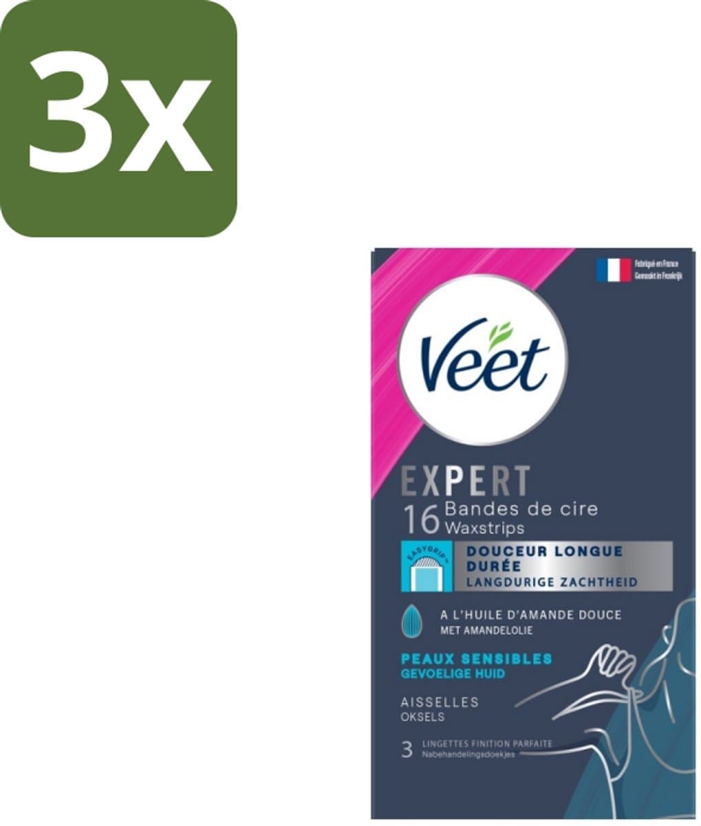 Veet – Ontharingsstrips – Expert Gevoelige Huid Oksels – 16 Strips - Bulkverpakking - 3 stuks