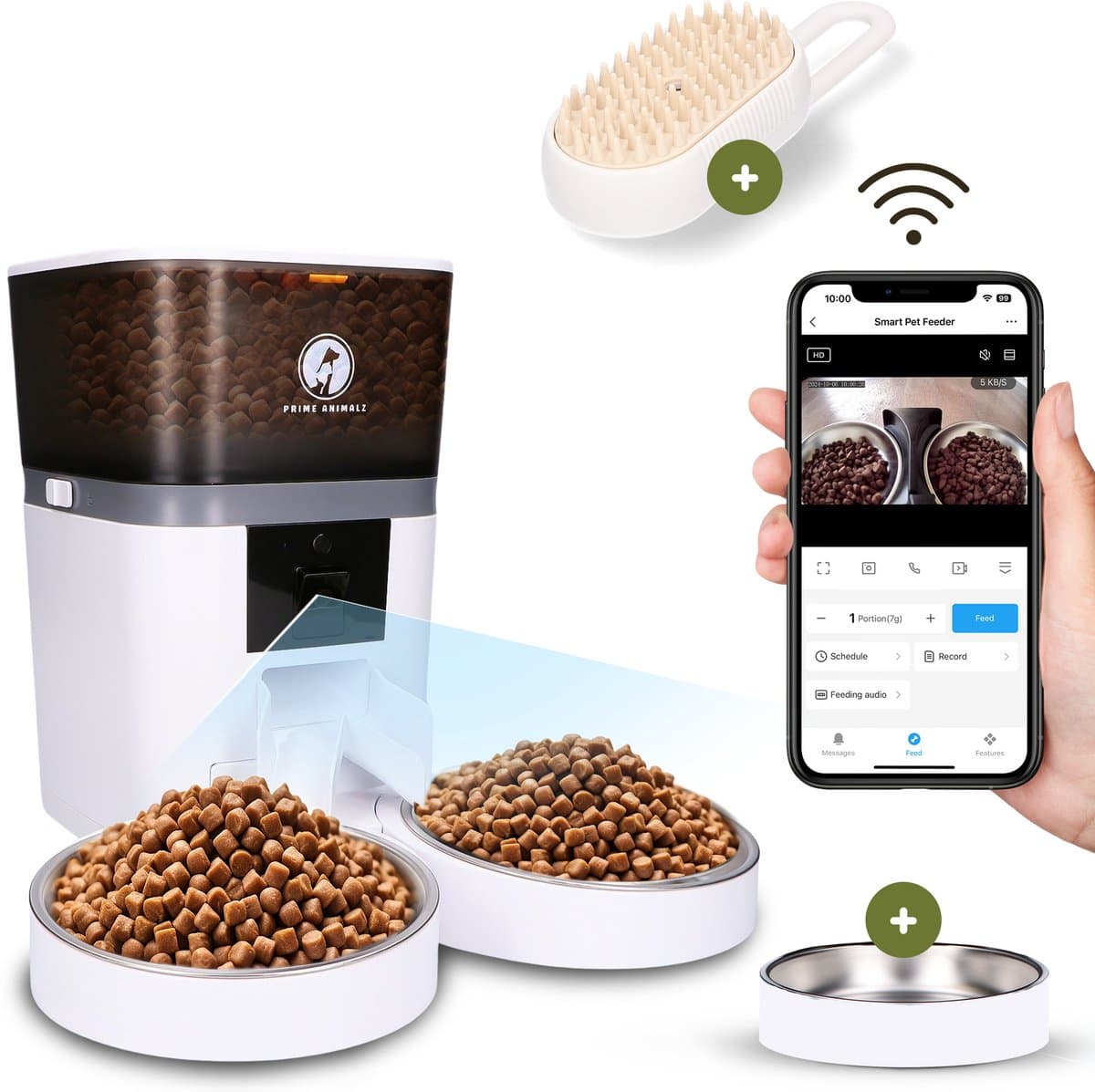 Automatische Voerbak Kat en Hond 4L Upgraded – Slimme Voerdispenser met Camera – Full HD 1080P Night Vision – Two-Way Audio – RVS Dubbele en Enkele Voerbak – App-bediening – Voerschema Instellen – Prime AnimalZ – Wit