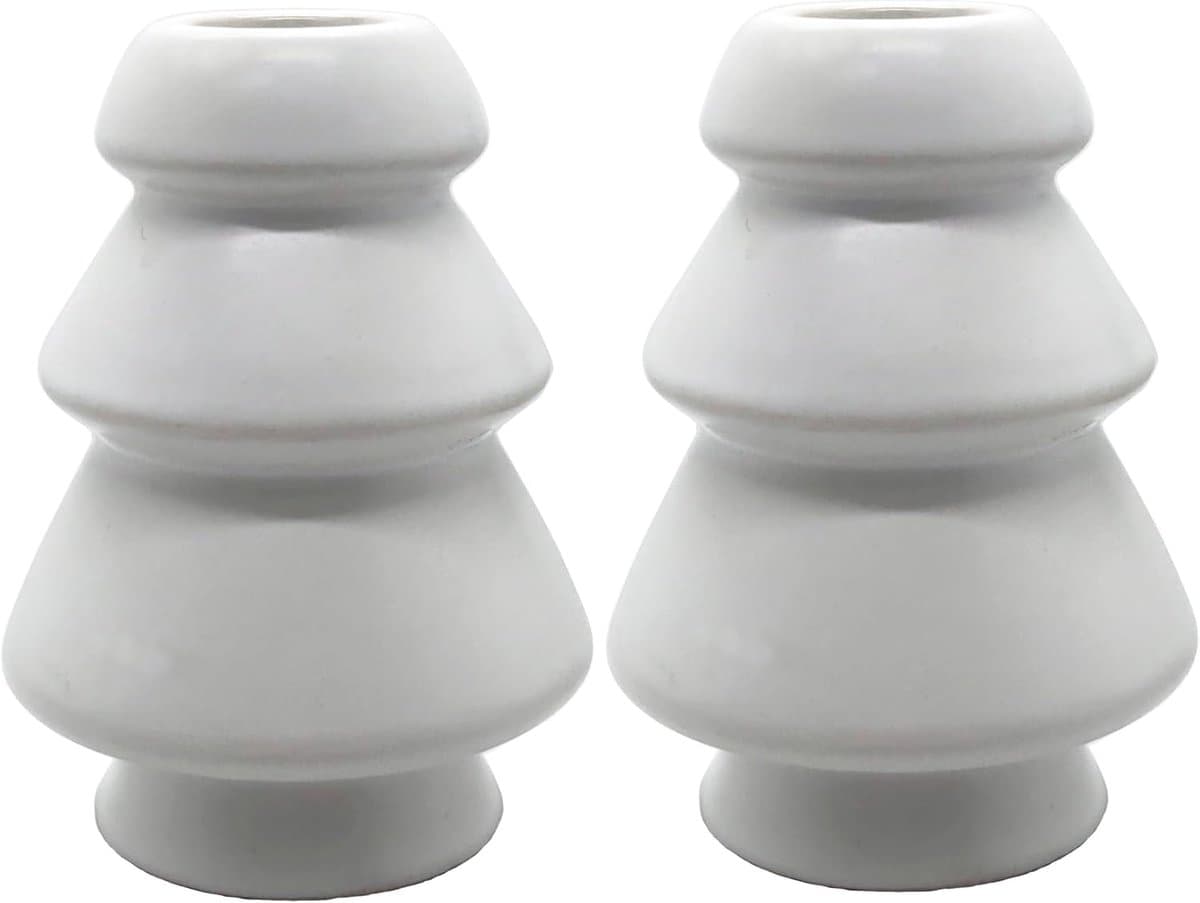Set van 2 Witte Keramische Kandelaars in Kerstboom Vorm - Elegante Tafeldecoratie voor Kerst