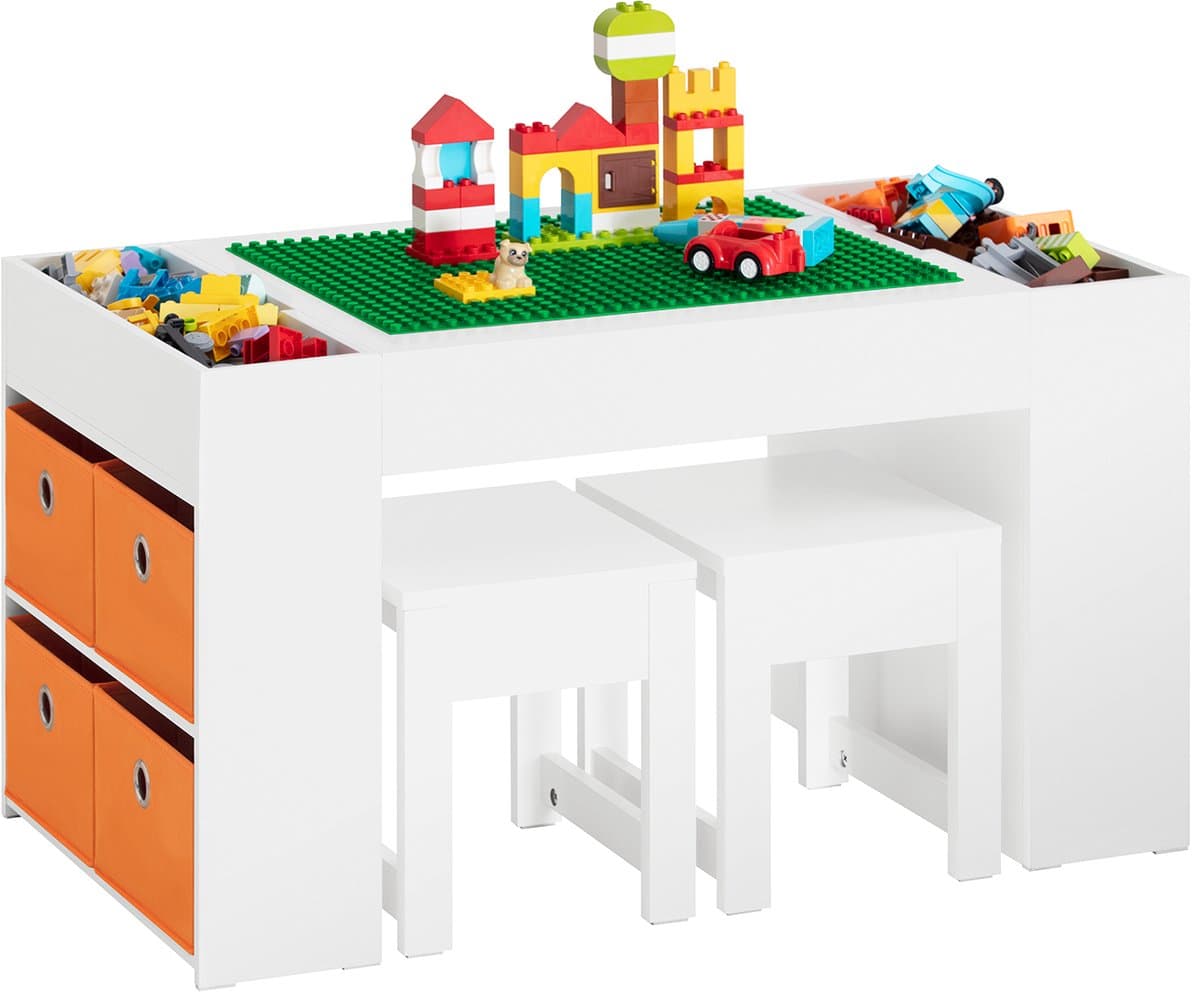 SoBuy Kindertafel met Stoelen – Kinderbureauset met 8 Opbergbakken – Speeltafel / Bouwtafel voor Kinderen en Peuters – Wit KMB75-W