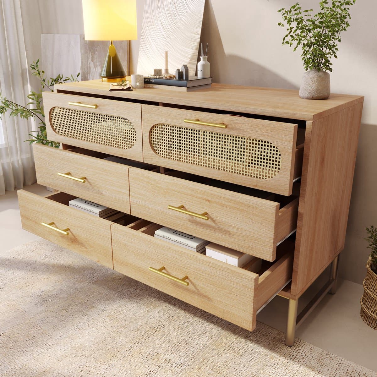 MODENUIT Dressoir - 6 Laden In Rotanlook - Voor Woonkamer En Slaapkamer - Sonoma Eiken - 120x40x74 Cm