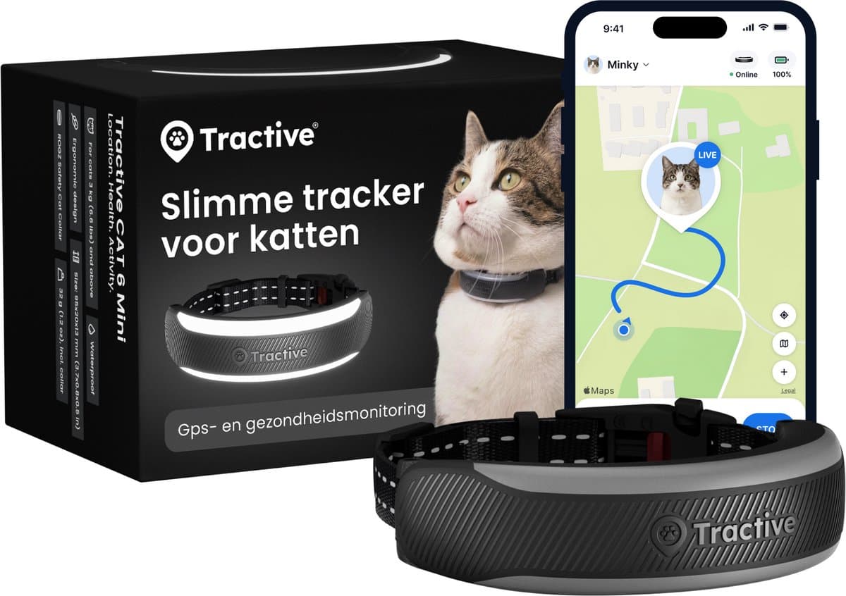 Tractive CAT 6 Mini – Slimme gps-tracker voor katten met gezondheidsmonitoring en geïntegreerde halsband – Zwart