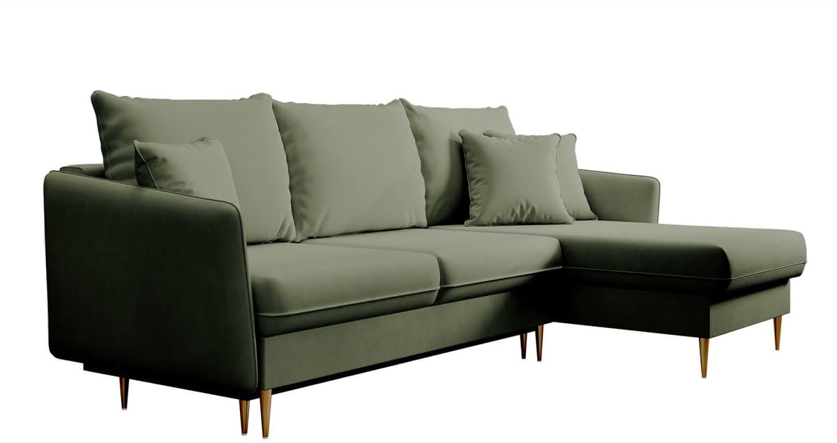 Selsey Volio – Slaapbank hoekbank, waterafstotend fluweel, universeel, gouden poten, Saliegroen