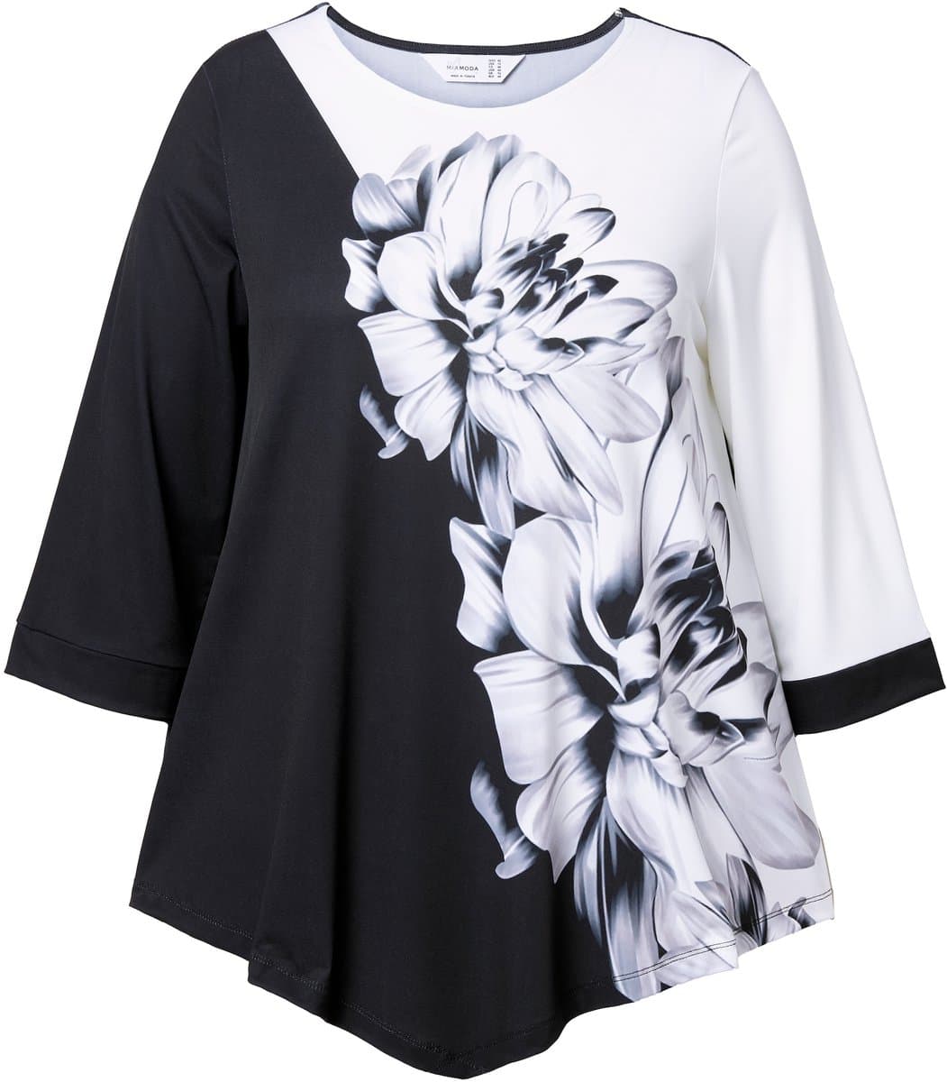 MIAMODA - Dames - T-shirt bloemprint 3/4-mouw puntzoom - Zwart - Maat 46