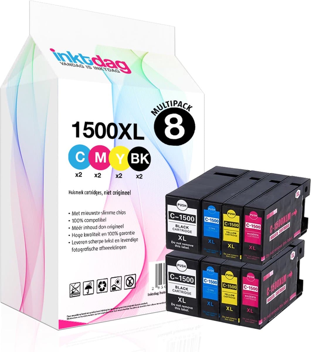 Inktdag inktcartridges voor Canon PGI1500 / PGI-1500XLInktcartridge multipack 8 stuck / Zwart / Cyaan / Magenta / Geel / Hoge Capaciteit geschikt voor Canon Maxify MB2050 Canon Maxify MB2150 Canon Maxify MB2350 Canon Maxify MB2750 Canon Maxify MB2755