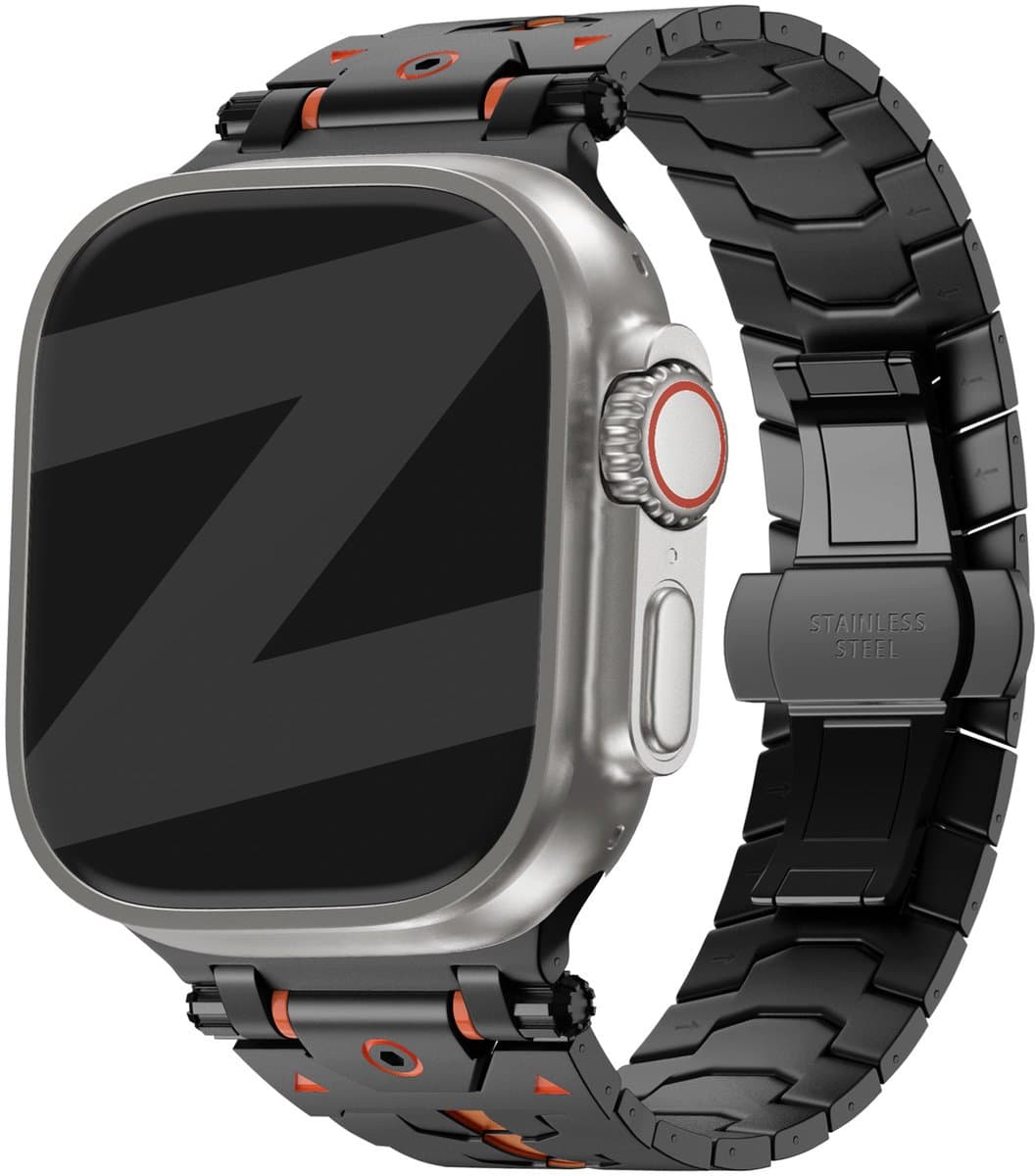 Bandz Metalen grain band 'Deluxe' - RVS bandje geschikt voor Series Apple Watch 1/2/3/4/5/6/8/9/10/11/SE(2-3)/Ultra(2-3) - iWatch bandje metaal grote maten 44mm 45mm 46mm 49mm (zwart/oranje)