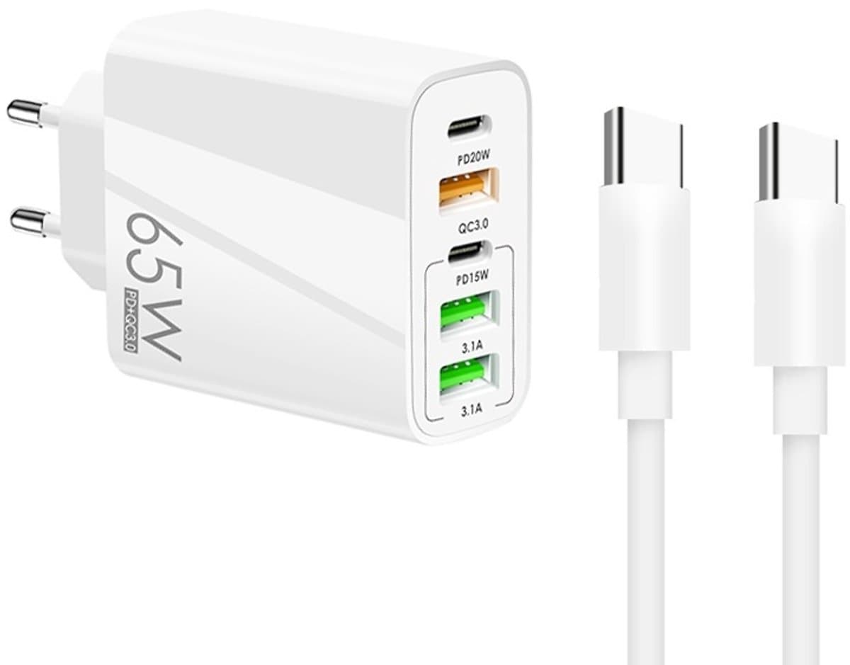 65W USB Lader met Dual USB-C PD + 3X USB-A - Inclusief 1 meter 3A USB-C naar USB-C Kabel - Snellader voor Smartphone, Tablet en Laptop - wit