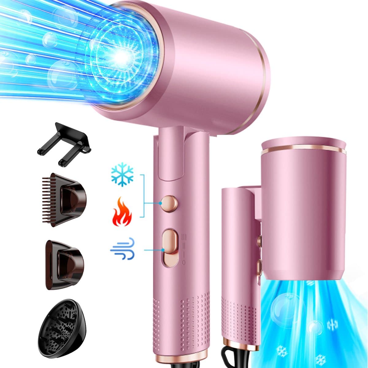 ibettertec - Föhn - Haardroger Ionen - Vouwbare - 2400 W - met 3 stylingmondstukken en 6 temperatuurinstellingen - opvouwbare haardroger - Grijs Roze
