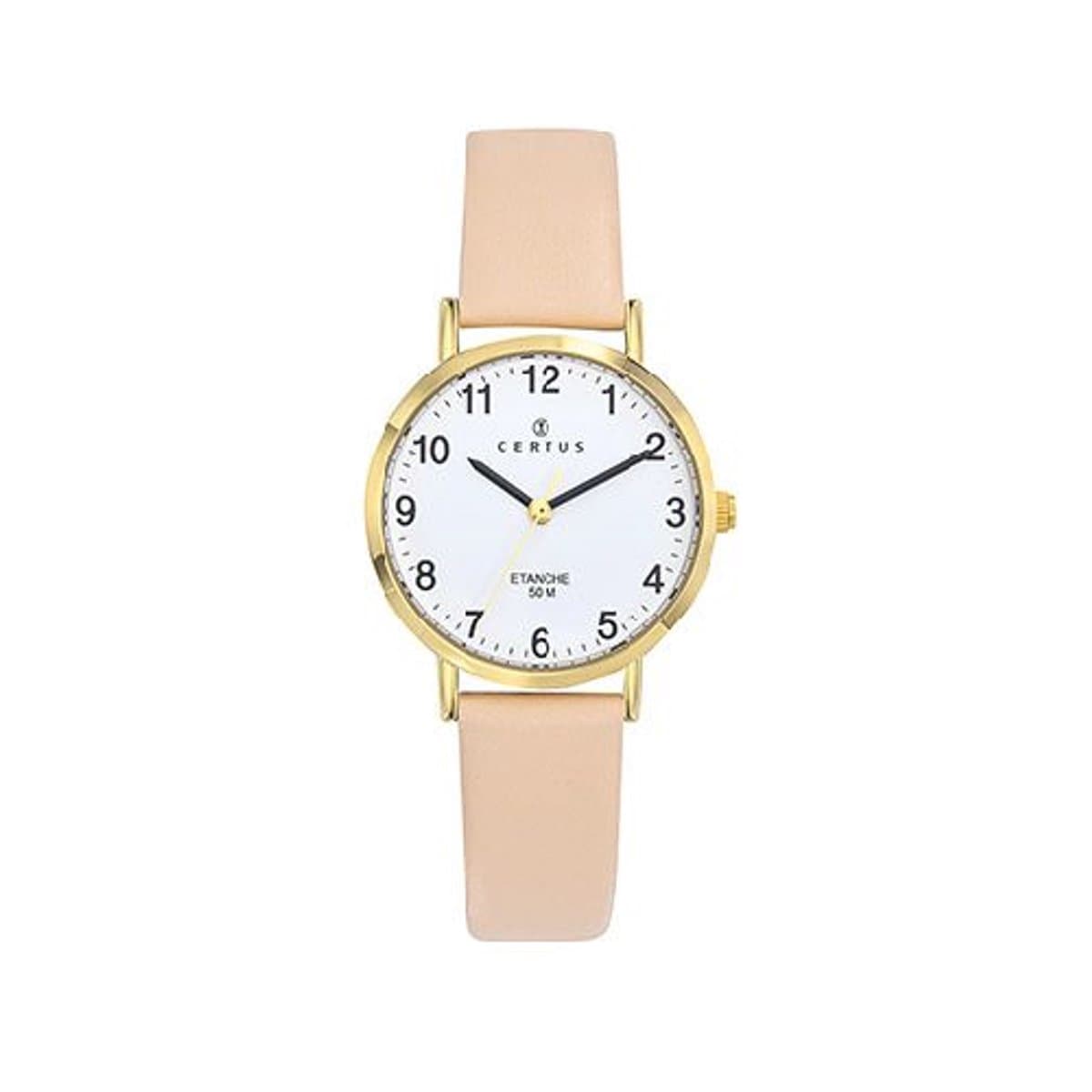 Certus-Dameshorloge-model 646588-taupe/creme kleurig lederen band-rond-5 atm waterdicht -diameter 28 mm-duidelijke wijzerplaat-made in France