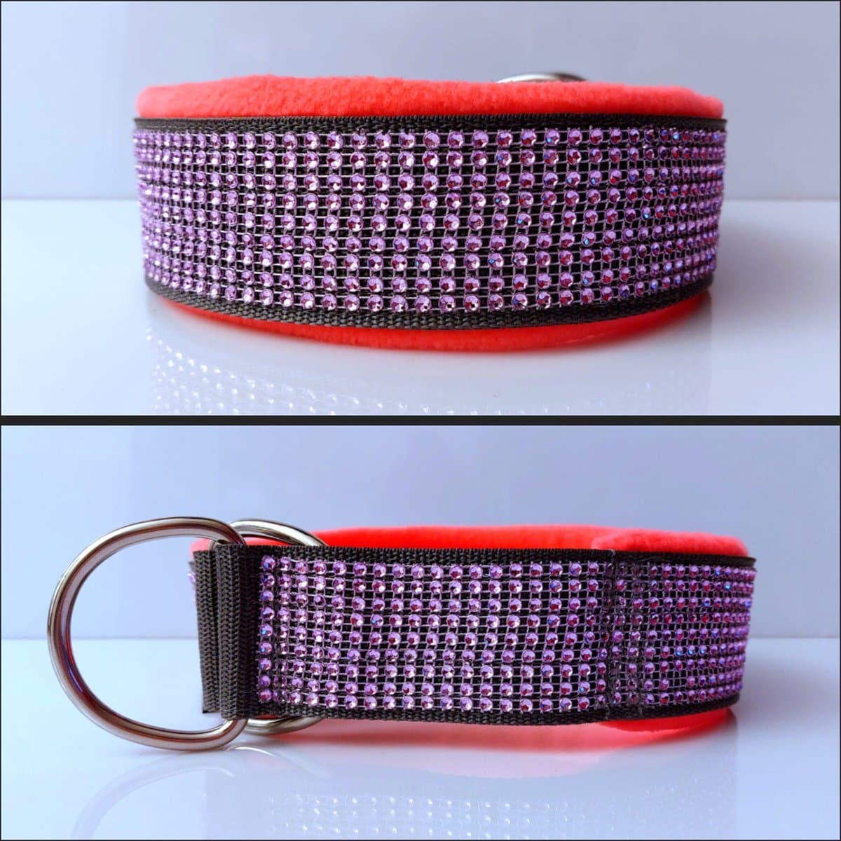 Sliphalsband - Grijs - Maat S - 3 cm breed - Roze bling - Neon roze voering - Anti trek halsband - Halsband - Hondenhalsband - Sterke rassen
