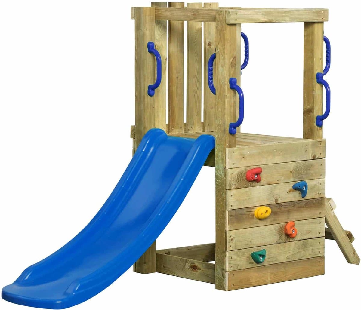 Houten speeltoestel Irma small met blauwe 120cm glijbaan – 185x70x120cm - SwingKing