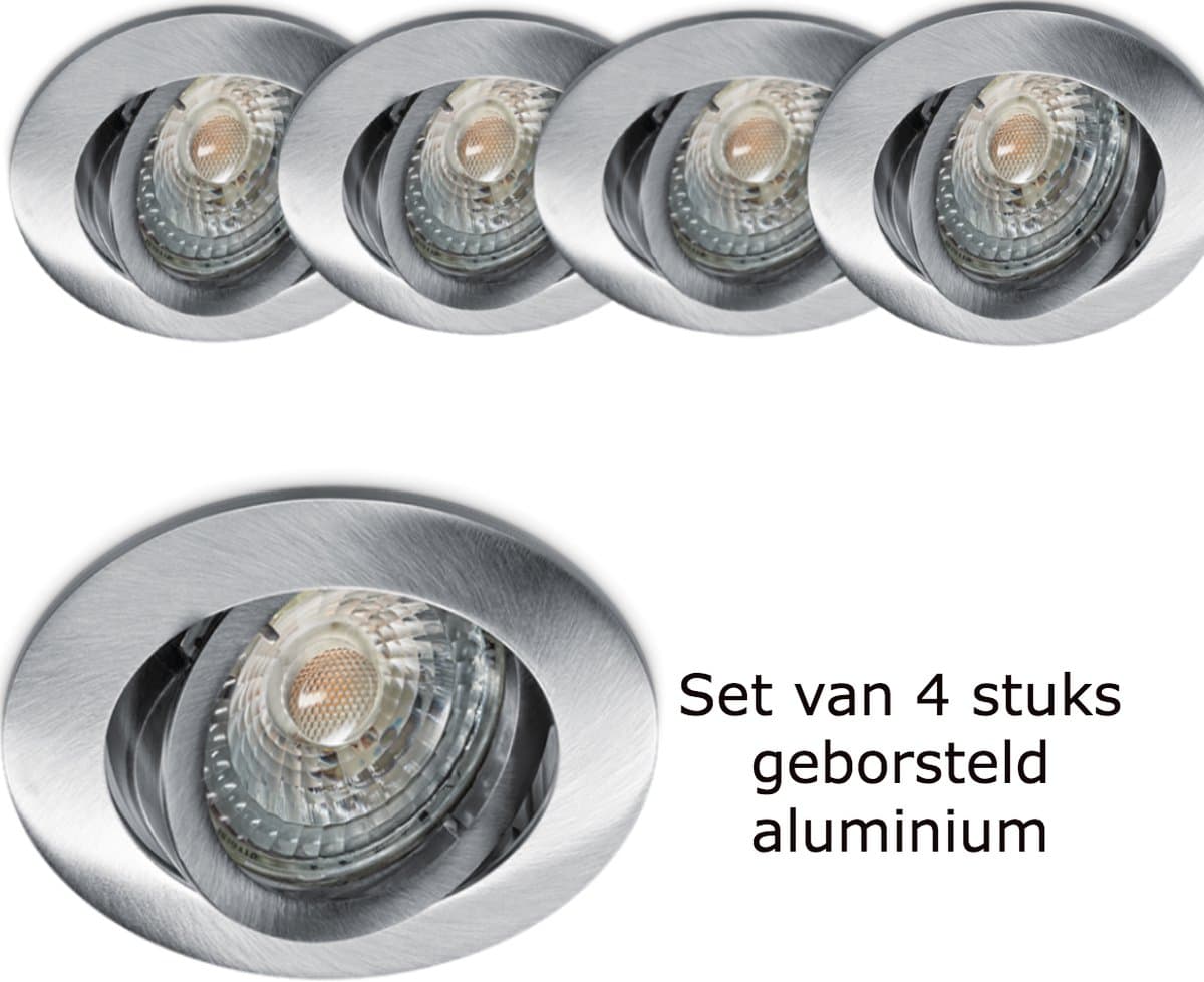 Geborsteld Aluminium Inbouwspot – Verstelbaar 30° – Incl. Dimbare GU10 LED 3000K – 4W (345 lm) - set van 4 stuks.