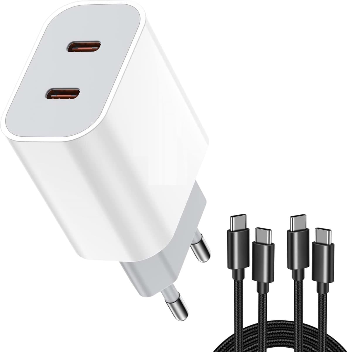 35W Dubbele USB C Oplaadstekker + 2x Nylon USB-C Kabel 2 Meter - USB C naar USB C - 35 Watt - GaN Snel Lader - Super Fast Charge