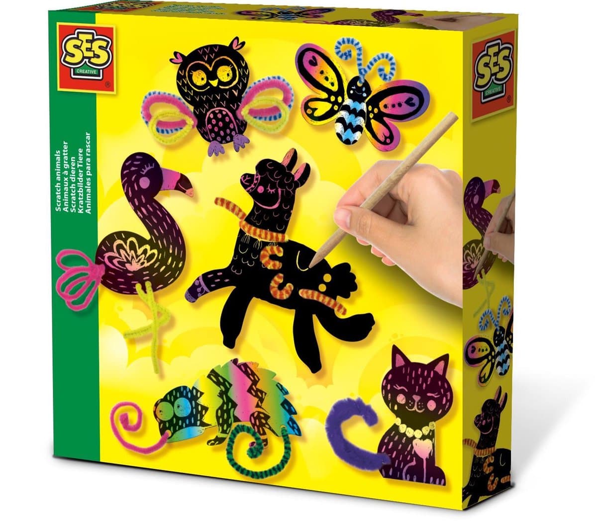 SES - Scratch dieren - 6 scratch figuren - met kras pen en gekleurd chenilledraad