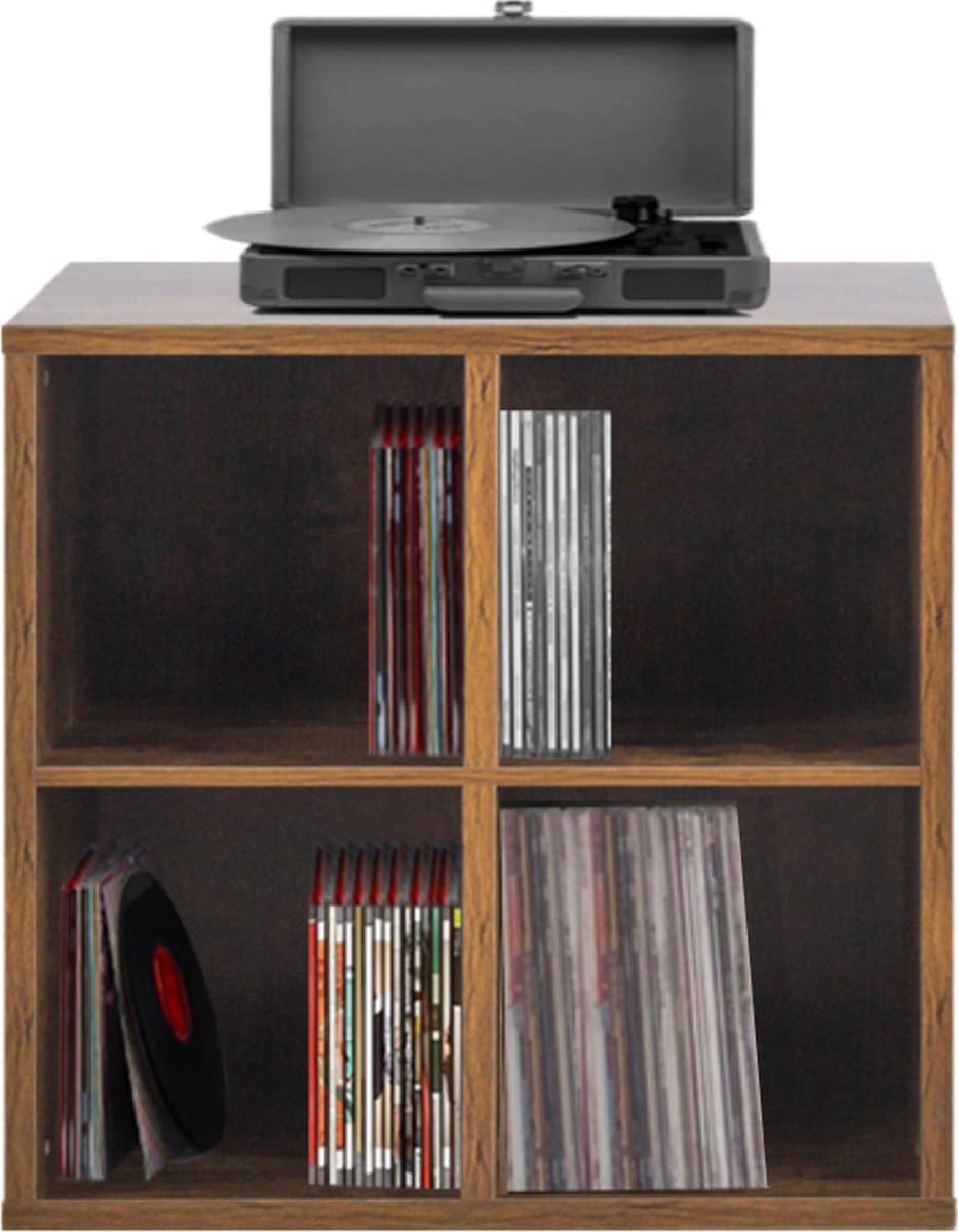 VDD Vinyl - Platenspeler Meubel - Lp kast - Vinyl kast - Platenspeler kast - Lp meubel - Platen kast - Vinyl opberg systeem - Lp platen opbergkast - Opbergen lp vinyl platen - Vinyl opbergkas - Vinyl houder - 4 open vakken - 70 x 70 x 34 cm - bruin
