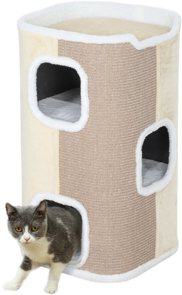 PawHut Kratztonne für Katzen Katzenkratzbaum 3 Ebenen Katzenbaum Kletterbaum für Katzen Katzenmöbel Spanplatte samtartiges Polyester Sisal Beige+Weiß 40 x 40 x 74 cm