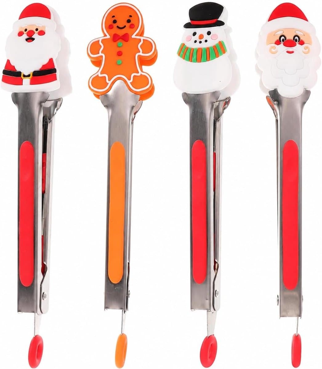 Kerst Siliconen Keukentang - Vleestang - 18 cm - RVS Serveertang met Vergrendeling - Voor Vlees, Groenten, Ijs en Fruit - Meerkleurig - 4 stuks