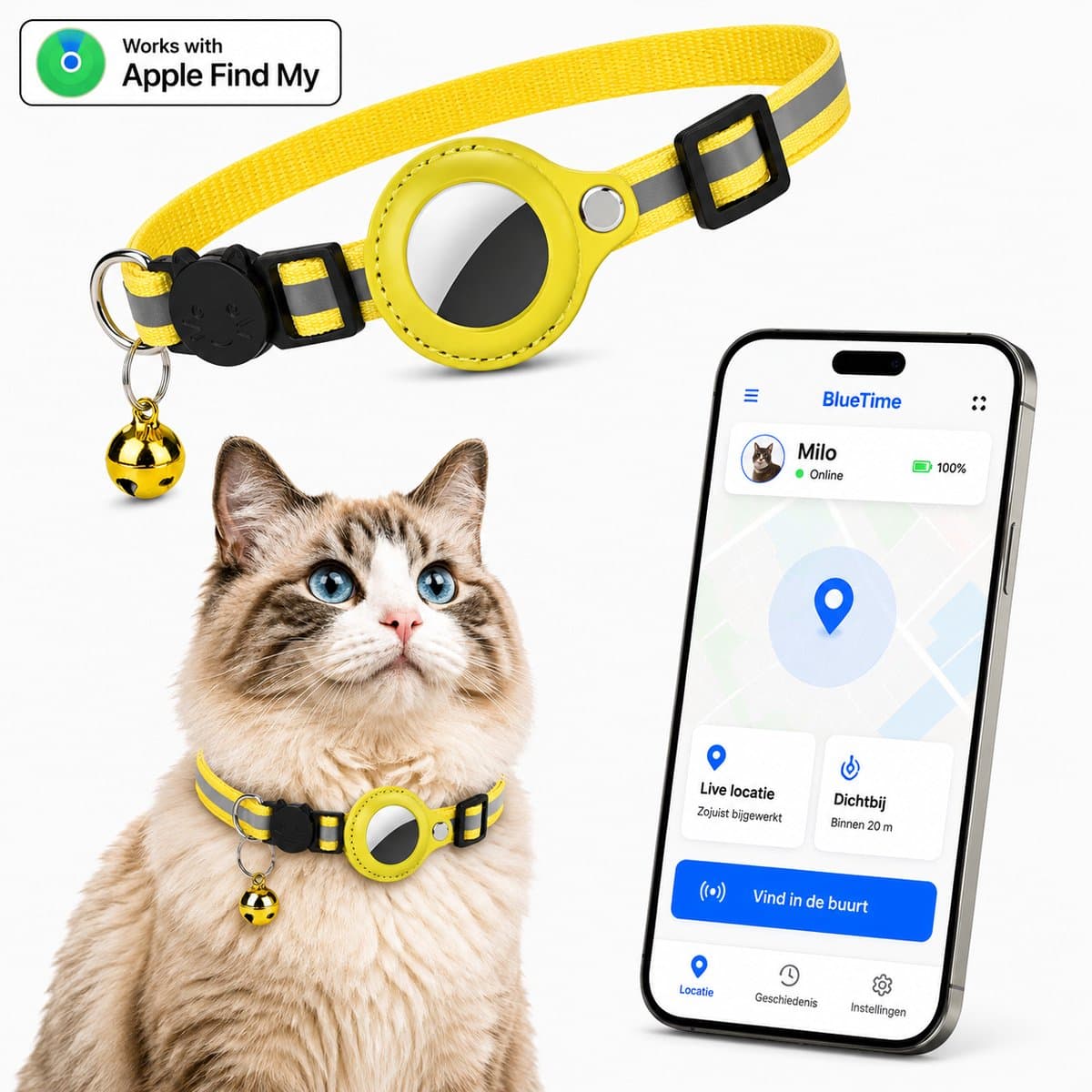 BlueTime ® - Kattenhalsband inclusief Tag - Halsband Kat & Kitten met Kattenbelletje - Gps Tracker Kat zonder Abonnement - Geschikt voor Apple Find My - Kattenbandje, Poes, Kattenriem air & Tuigje met Houder - Geel
